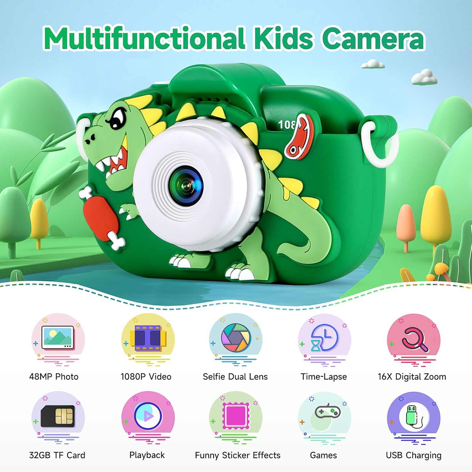 Kids Camera Boys Toys for 3 4 5 6 7 8 9 Years Old Boys, 48MP Dual Lens Kids Digital Camera Toddler Camera Christmas Birthday Gifts, 1080P HD Video Selfie Camera with 32G SD Card 24hrsmart